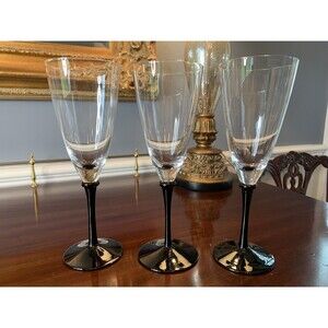 Set of 3 Vintage Signed Daniel Hechter Wine Glasses Gloss Black Stem